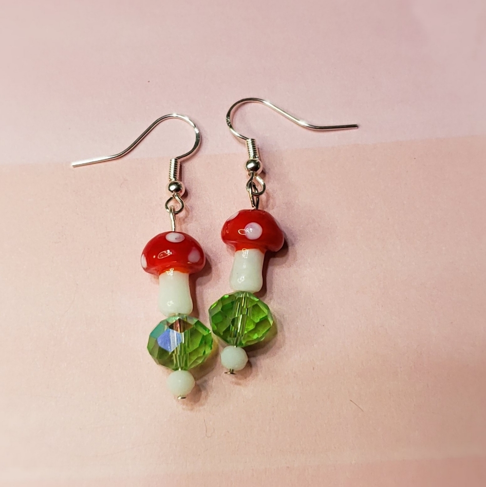 Sterling silver hook handmade mushrooms earrings.